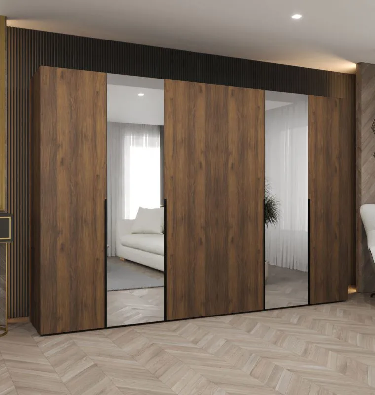 Kleiderschrank mit sechs Türen | Farbe: Walnuss | zwei Spiegeltüren | Soft-Close-Funktion | 3 Meter breit | Griffe: Schwarz | vier Kleiderstangen | vier Fächer