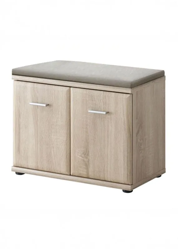 Schuhschrank mit Sitzgelegenheit inkl. Kissen Bratteli 16, Farbe: Eiche Sonoma, Kissen: Beige, zwei Türen, Maße: 50 x 60 x 32 cm, zwei Fächer, einfaches und modernes Design