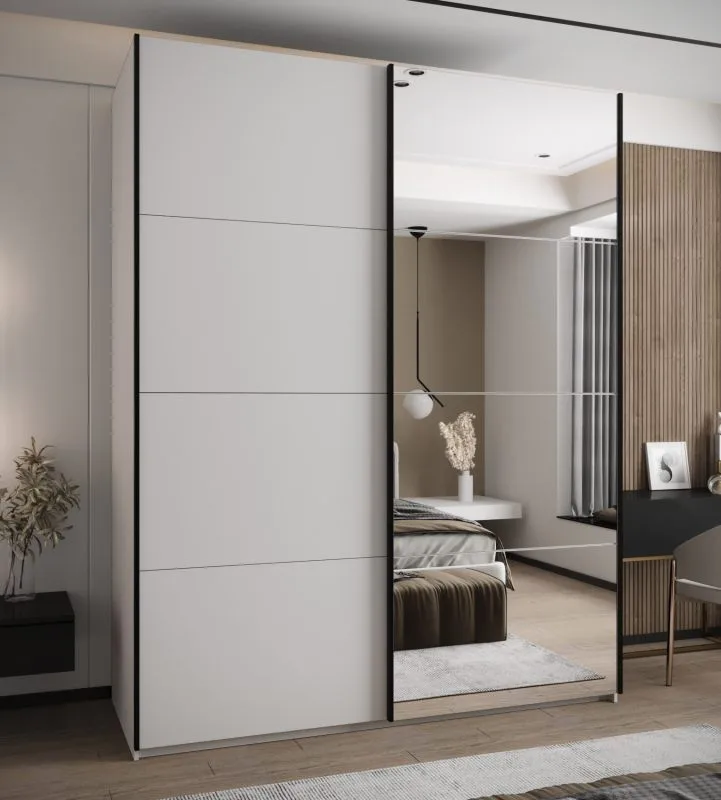 Kleiderschrank / Schiebetürenschrank | 245,5 x 190 x 64 cm | Spiegel | 11 Fächer | Farbe: Weiß | 2 Kleiderstangen | Soft-Close | 2 Schiebetüren