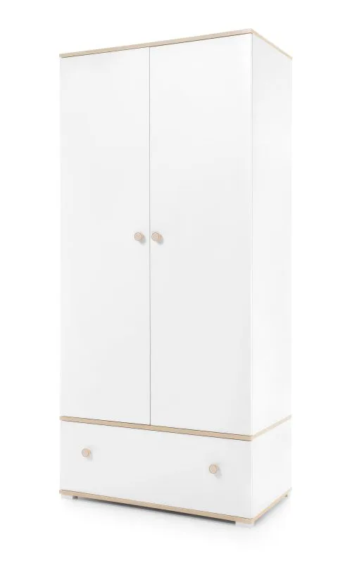 Kleiderschrank Asbeek 01, Eiche / Weiß, 195 x 90 x 50 cm, mit 2 Türen, 1 Schublade und 1 Kleiderstange, Kinderzimmerschrank, ABS-Kanten