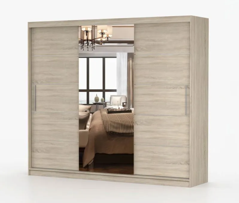 Kleiderschrank / Schiebetürenschrank mit Spiegel Eiche | Cevennen 11 | 218 x 250 x 61 cm | 3 Türen | 12 Fächer | viel Stauraum | Einfarbig | Holzoptik