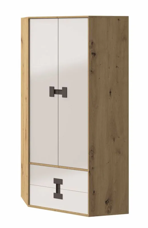 Jugendzimmer - Drehtürenschrank / Eckkleiderschrank Garian 02, Farbe: Eiche / Weiß / Grau, Abmessungen: 191 x 88 x 88 cm (H x B x T)