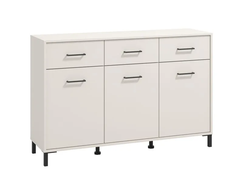 Kommode / Sideboard mit drei Schubladen Sabas 12, Farbe: Kaschmir, drei Türen, sechs Fächer, Maße: 90 x 138 x 40 cm, Griffe & Beine: Schwarz