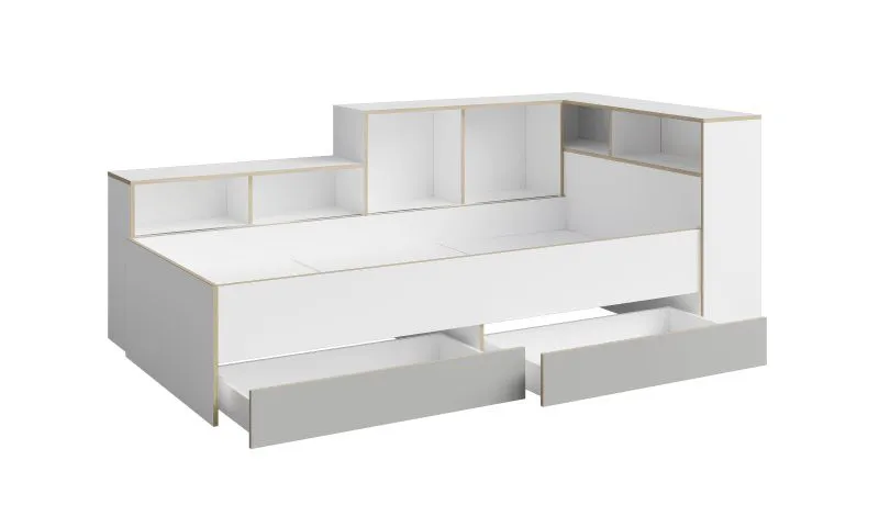 Kinderbett / Jugendbett mit zwei Bettschubladen Ithaka  02, Farbe: Weiß / Grau, sechs Fächer, Liegefläche: 90 x 200 cm, genug Stauraum