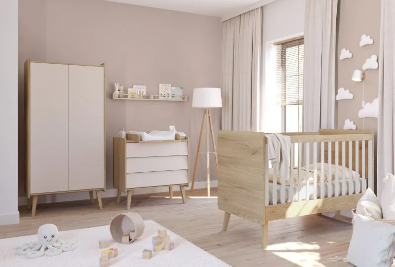 Kinderzimmer Komplett Set A Olle | 4-teilig | Farbe: Eiche Cremona / Beige | Kleiderschrank | 1 Kommode | 1 Kinderbett / Gitterbett | Push-to-open