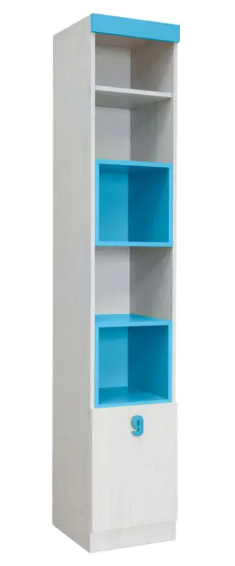 Kinderzimmer - Regal Luis 16, Farbe: Eiche Weiß / Blau - 218 x 40 x 42 cm (H x B x T)