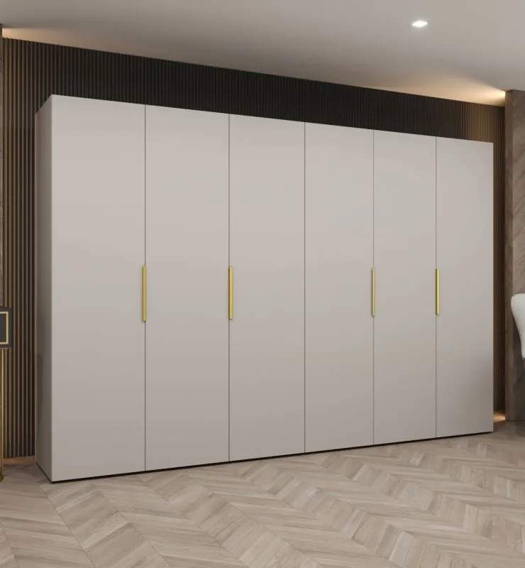 Kleiderschrank / Drehtürenschrank Korab 55, Farbe: Kaschmir, Griffe: Gold, vier Fächer, 3 Meter breit, vier Kleiderstangen, Soft-Close-Funktion, sechs Türen