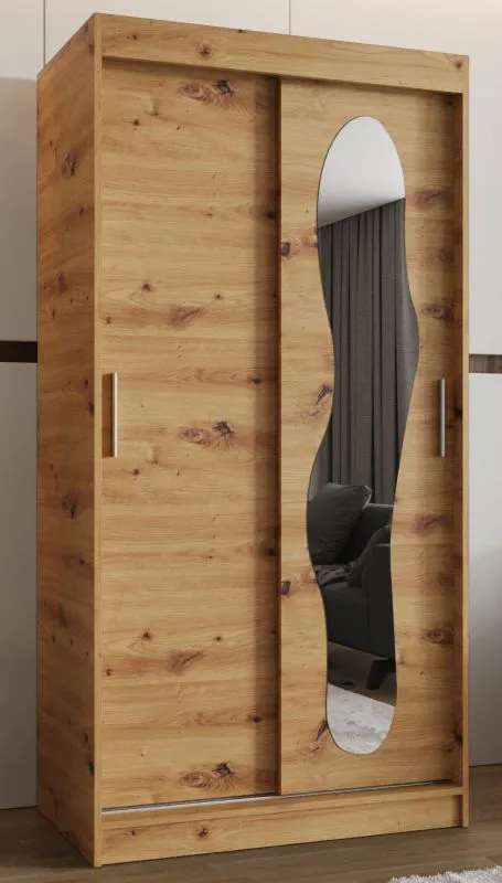 Kleiderschrank Lagginhorn 01, Farbe: Eiche Artisan, 1 Meter breit, ein Spiegel, fünf Fächer, Schiebetürenschrank, zwei Kleiderstangen, Aluminiumschienen