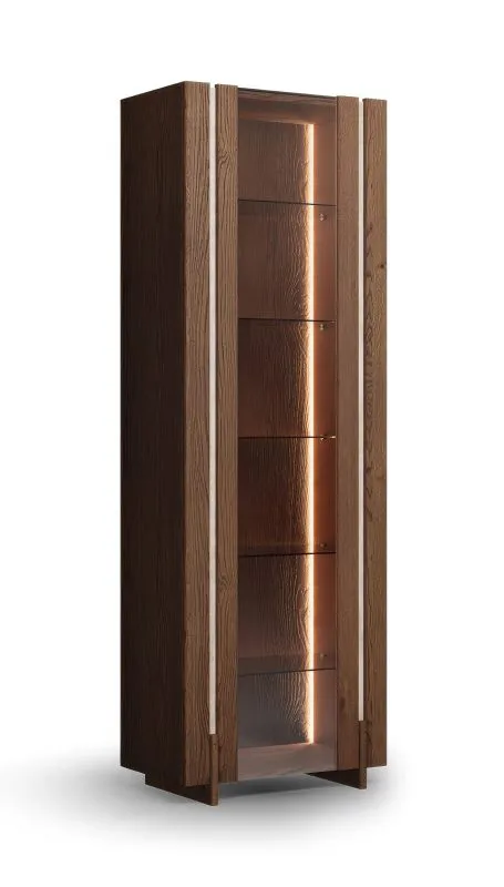 Vitrine | Farbe: Tabacco | Massivholz | Eichenholz geölt | Travertin Stein | inkl. LED-Beleuchtung | 68 x 41 x 206 cm | Rückwand: HDF