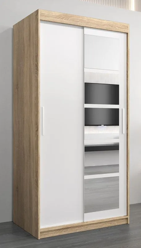 1 Meter breiter Kleiderschrank mit 2 Türen | Farbe: Sonoma Eiche / Weiß Abbildung