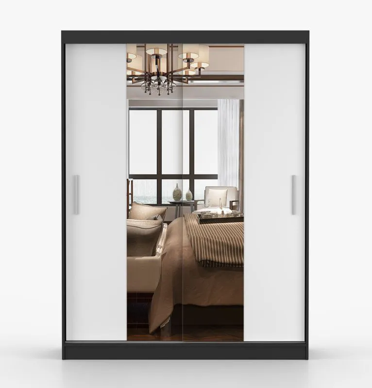 1,5 Meter breiter Kleiderschrank / Schiebetürenschrank | Weiß / Schwarz | Bucegi  04 | mit Spiegel | 2 Türen | Griffe: Aluminium | 250 x 150 x 61 cm