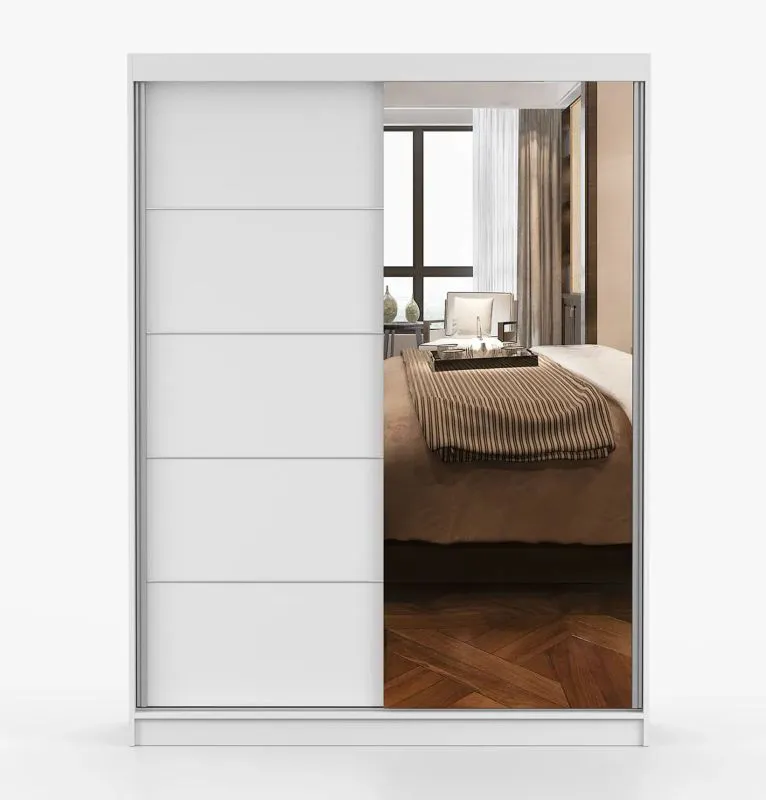 1,5 Meter breiter Kleiderschrank / Schiebetürenschrank | Weiß | Bucegi 18 | Spiegel | 2 Türen | Griffe: Aluminium | 6 Fächer | 200 x 150 x 61 cm
