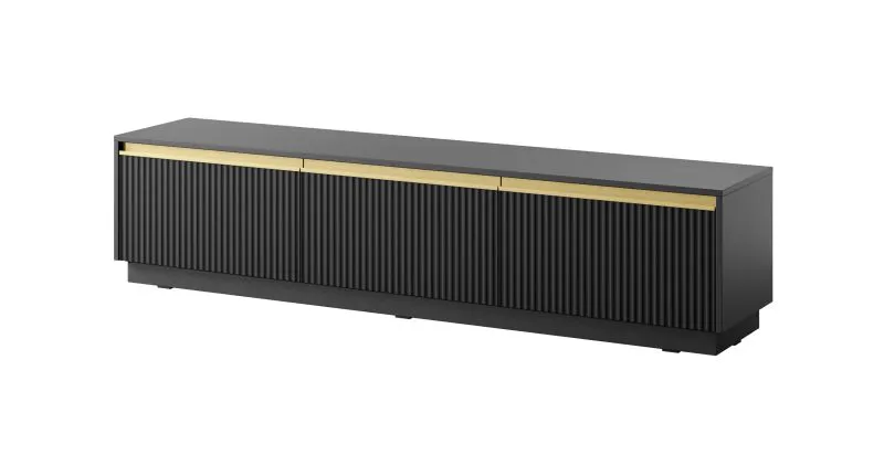 Eleganter TV-Schrank / TV-Board Finghall 01, drei Türen, 1,8 Meter breit, Soft-Close-Funktion, Farbe: Schwarz, Front: gerillt, hängend montierbar, drei Fächer