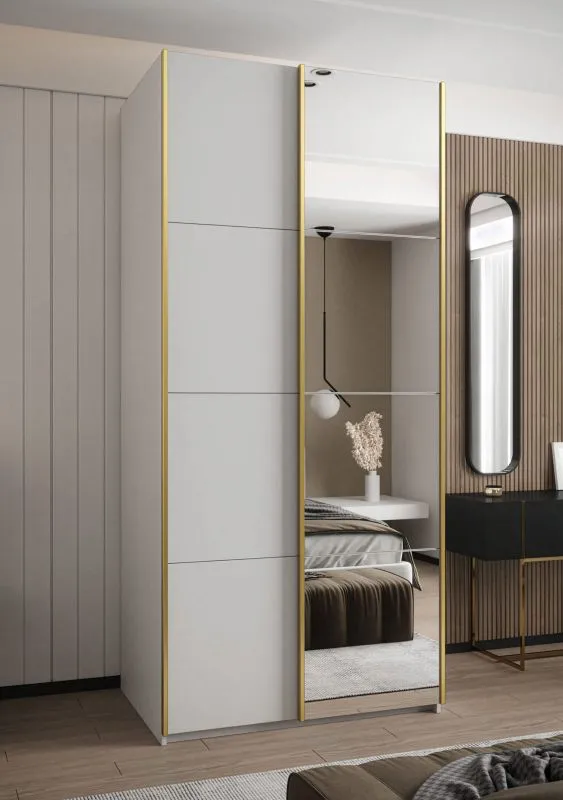 Kleiderschrank / Schiebetürenschrank | Spiegel | Soft-Close | 245,5 x 110 x 64 cm | 2 Kleiderstangen | 2 Schiebetüren | Farbe: Weiß | 6 Fächer