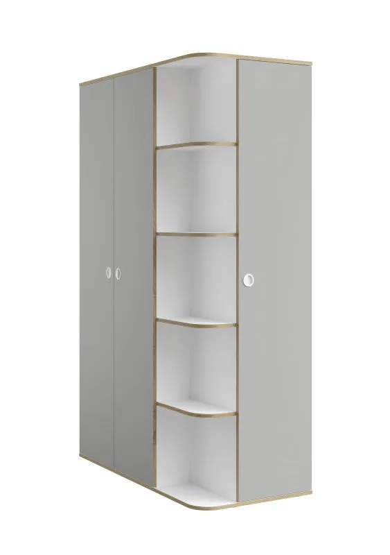 Drehtürenschrank / Kleiderschrank mit drei Türen Ithaka  03, Farbe: Weiß / Grau, eine Kleiderstange, 11 Fächer, Maße: 196,5 x 120 x 60 cm