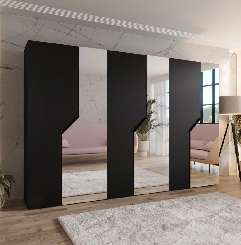Drehtürenschrank | 3 Spiegeltüren | Farbe: Schwarz | 3 Fächer | 3 Kleiderstangen | Soft-Close-Funktion | Griffe: Schwarz | Maße: 300 x 52 x 202 cm | Kleiderschrank | ABS-Kanten