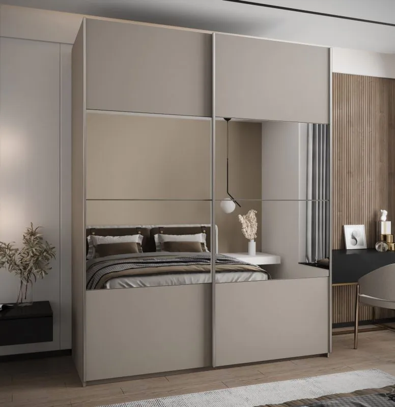 Kleiderschrank / Schiebetürenschrank | 11 Fächer | 2 Schiebetüren | 245,5 x 190 x 64 cm | Spiegel | Soft-Close | 2 Kleiderstangen | Farbe: Kaschmir