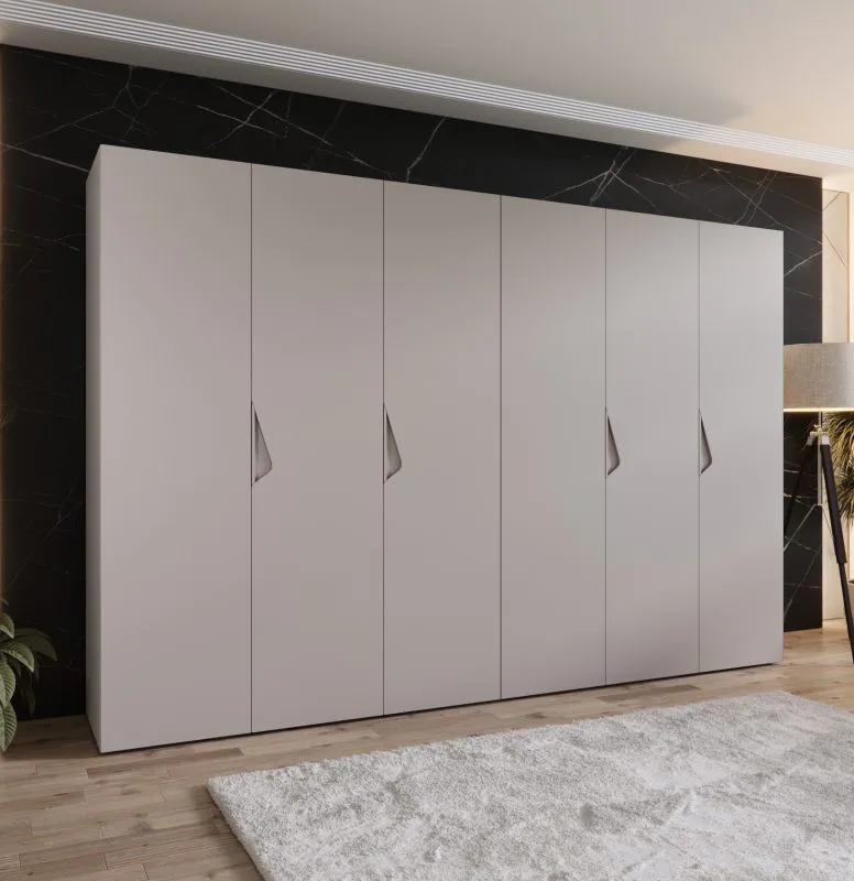 Drehtürenschrank / Kleiderschrank | Farbe: Kaschmir | 3 Meter breit | 6-Türig | Griffe: Kaschmir | 4 Fächer | Maße: 300 x 52 x 202 cm | 4 Kleiderstangen