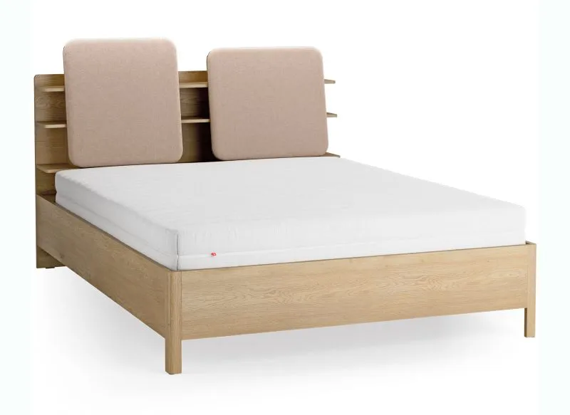 Doppelbett | 160 x 200 cm | Farbe: Eiche / Ecru | gepolsterte Kopfstütze | vier offene Regale | Behälter hinter Rückenlehne | inkl. Lift up Lattenrost