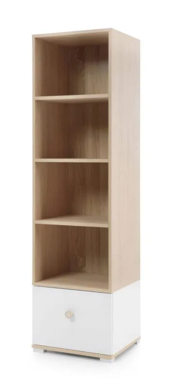 Schlichtes Regal mit Schublade Asbeek 02, Eiche / Weiß, 165 x 45 x 40 cm, mit 4 Fächern, Kinderzimmerregal, mit ABS-Kanten