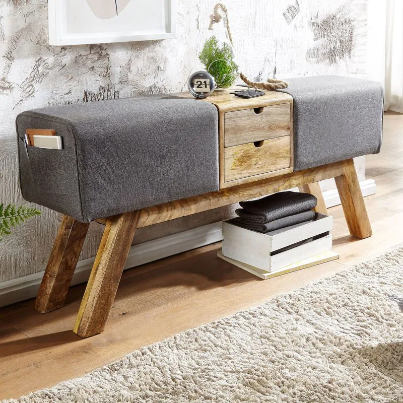 Sitzbank aus Mango Massivholz, Farbe: Mango / Grau - Abmessungen: 56 x 120 x 30 cm (H x B x T) mit Stoffbezug
