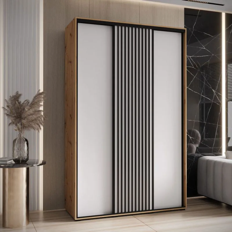 Schiebetürenschrank Mina in Weiß/Eiche, 235,2 x 150 x 60 cm, Metallgriffe in schwarz gehalten, Front aus laminierter Platte (16 mm), platzsparend