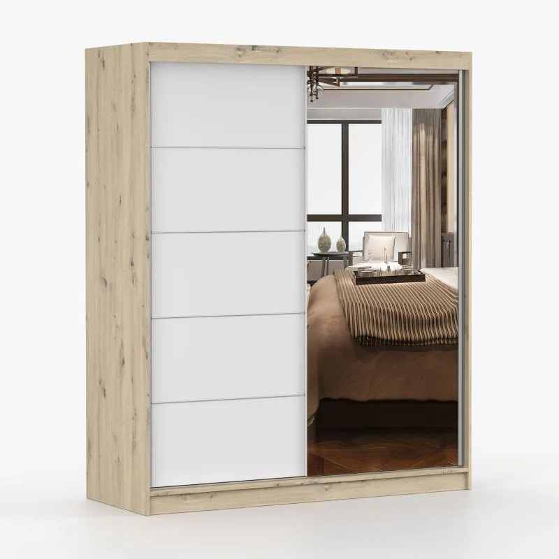 Schiebetürenschrank 1,6 Meter breit / Kleiderschrank | Galtee 05 | Weiß / Artisan | mit Spiegel | 6 Fächer | 2 Türen | 195 x 160 x 61 cm | Holzoptik