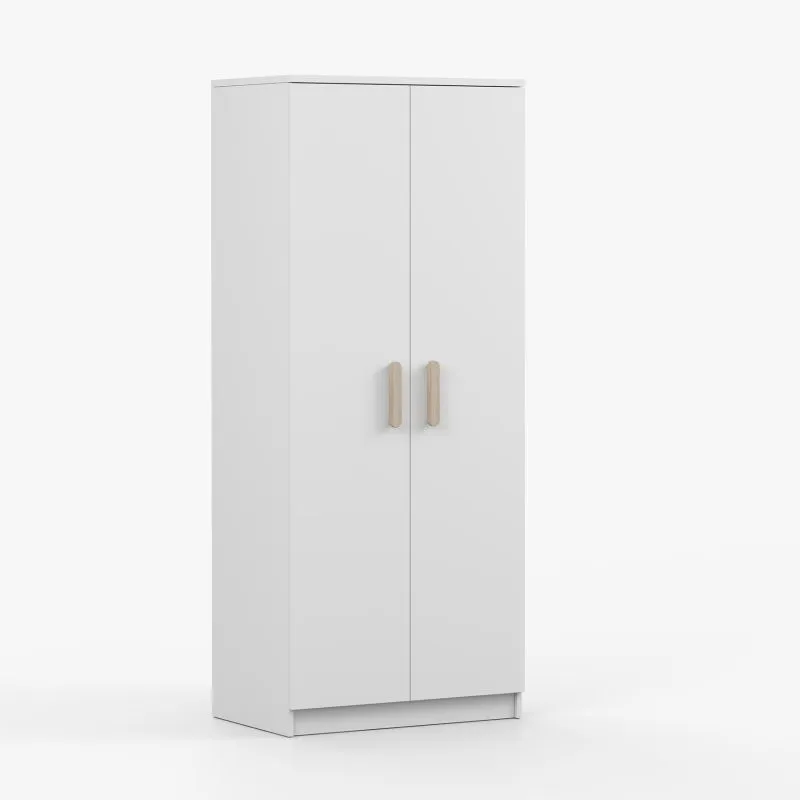 Kleiderschrank  / Drehtürenschrank | Weiß | Smolikas 71 | 2 Türen | 1 Kleiderstange | 192 x 80 x 50 cm | 5 Fächer | braune Holzgriffe | eckig