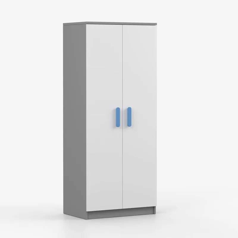 Drehtürenschrank / Kleiderschrank  | 192 x 80 x 50 cm | Weiß / Grau | Smolikas 59 | 2 Türen | eine Kleiderstange | 5 Fächer | blaue Holzgriffe