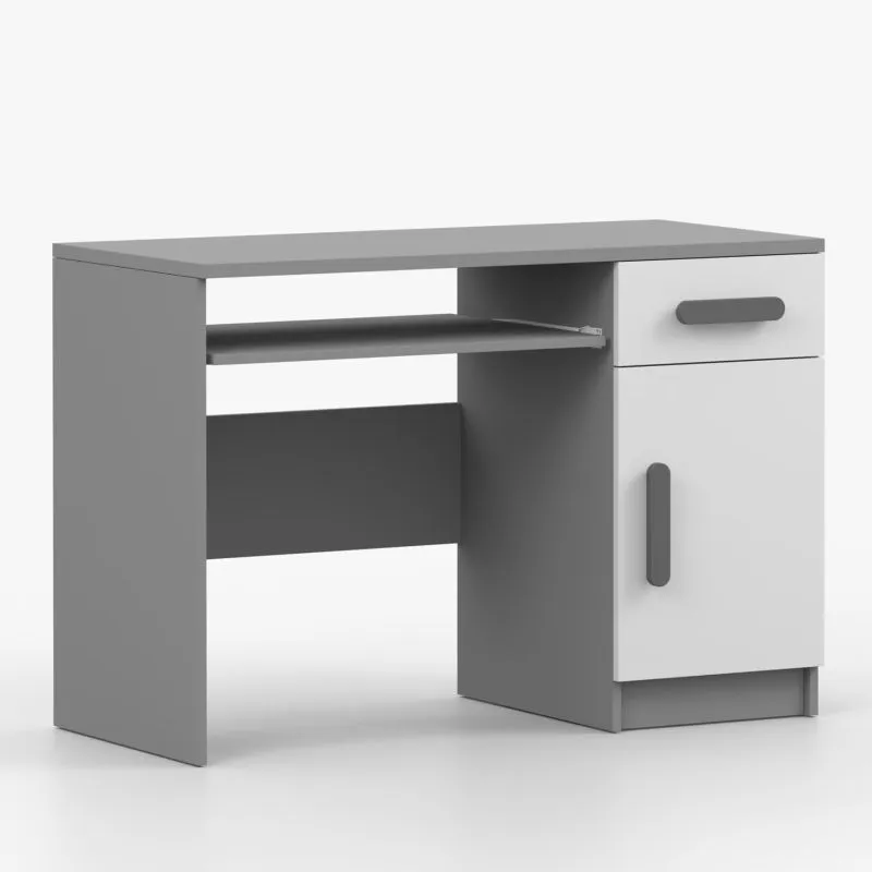 Schreibtisch 1,1 Meter breit | Smolikas 88 | Weiß / Grau | Holzgriffe | 1 Türe | 1 Schublade | 3 Fächer | 75 x 110 x 50 cm