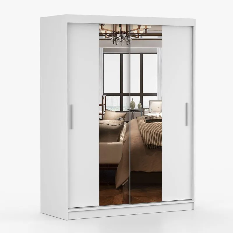 Kleiderschrank / Schiebetürenschrank 1,5 Meter breit | Bucegi 01 | Weiß | mit Spiegel | 2 Türen | 6 Fächer | Griffe: Aluminium | 200 x 150 x 61 cm