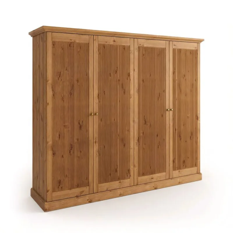 Kleiderschrank | aus massiv finnische Kiefer | Griffe: Altsilber | Farbe: Eiche | Drehtürenschrank | klassisch | Maße: 212,5 x 248 x 63 cm | vier Türen