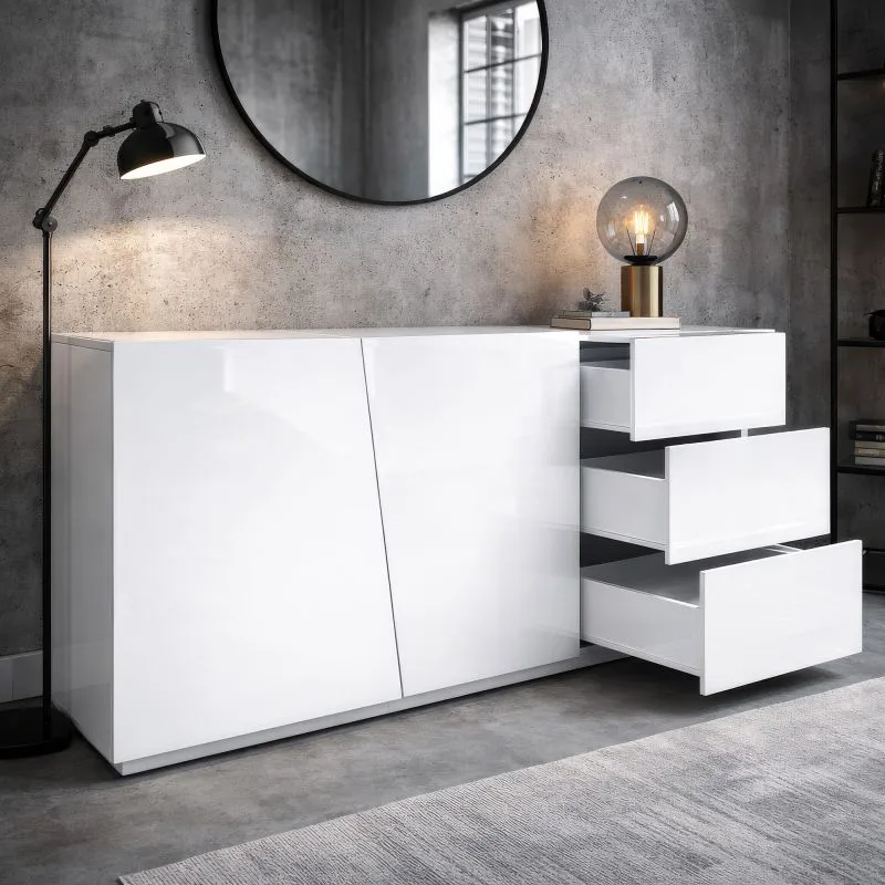 Kommode / Sideboard Beldran | Weiße UV Hochglanzlackierung | Push to Open | 3 Schubladen | 2 Türen | 2 Fächer | 180 x 43 x 87 cm