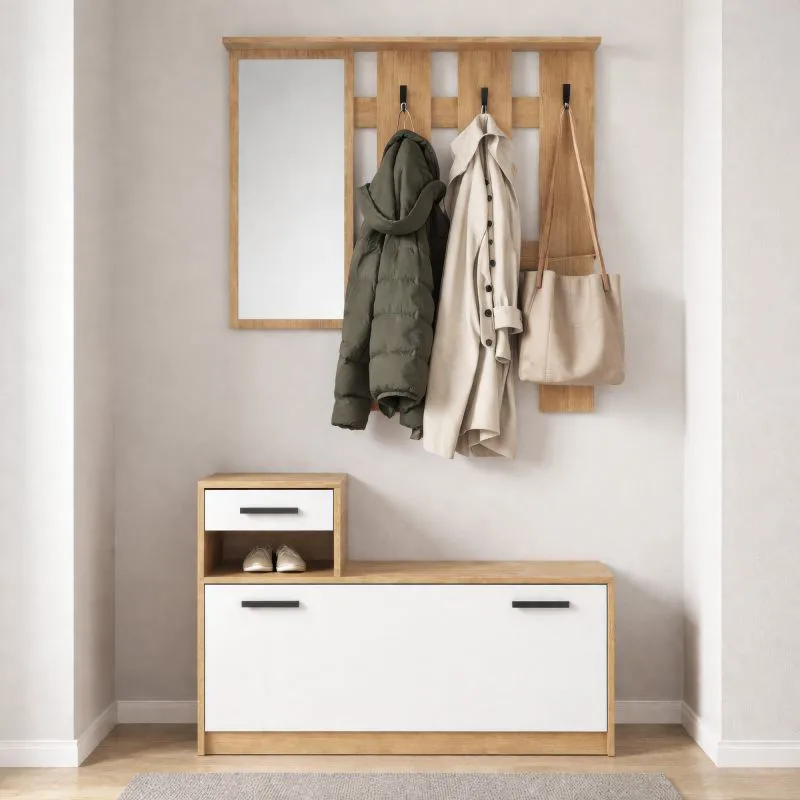 Garderobe Komplett - Set Kelvini | Farbe: Sonoma / Weiß | Schuhschrank mit 3 Fächern und Schublade| Garderobe mit Spiegel | 6 Haken | viele Ablageflächen