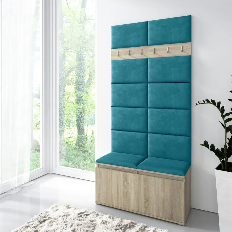 Garderobe 01 für Flur mit Polsterpaneelen für Sitzbank & Wand, Sonoma Eiche/Türkis, 215 x 100 x 40 cm, für 8 Paar Schuhe, 6 Kleiderhaken, 4 Fächer