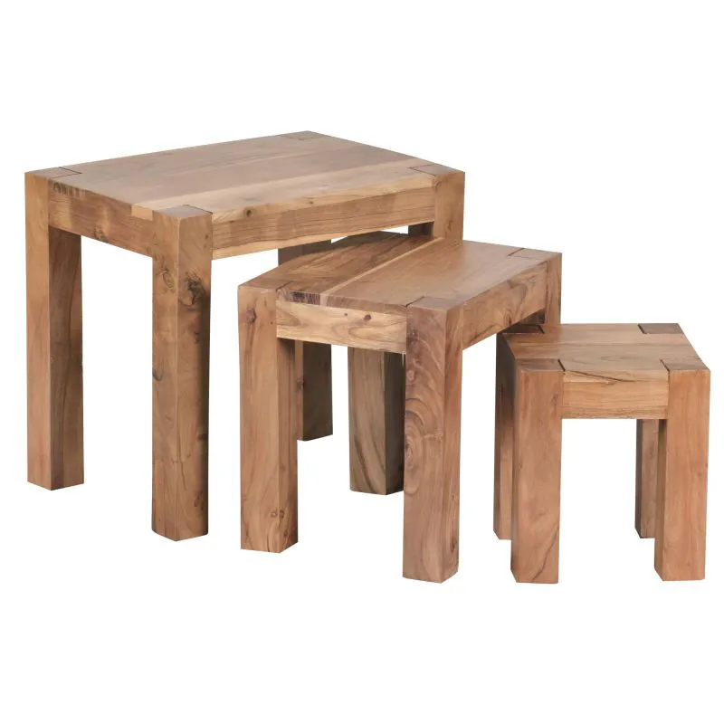 Solides Beistelltisch 3er Set aus Akazie Massivholz, Farbe: Akazie - Abmessungen: 45 x 36 x 50 cm (H x B x T), gefertigt in Handarbeit