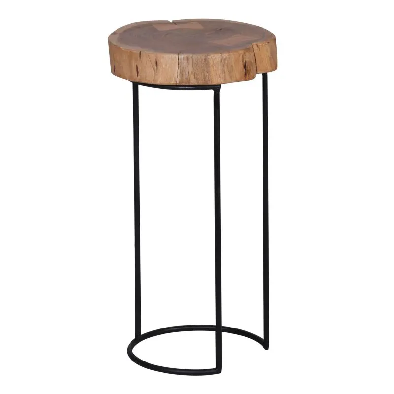 Handgefertigter Beistelltisch aus Akazie Massivholz, Farbe: Akazie / Schwarz - Abmessungen: 55 x 28 x 28 cm (H x B x T), Tischplatte in Baumstammform