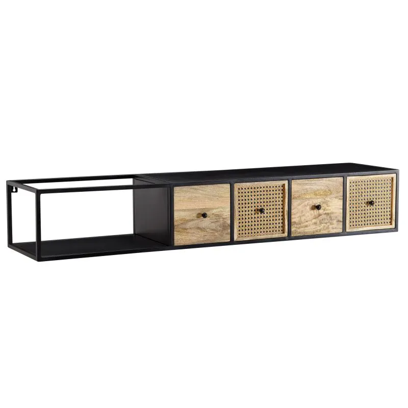 TV-Unterschrank aus Mango Massivholz, Farbe: Mango / Schwarz, Teilmassiv - Abmessungen: 25 x 150 x 35 cm (H x B x T)