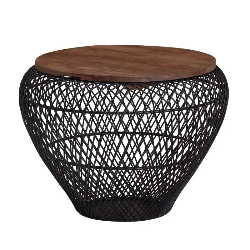 Couchtisch rund aus Mango Massivholz, Farbe: Mango / Schwarz - Abmessungen: 60 x 60 x 45 cm (B x T x H) mit Korbgestell