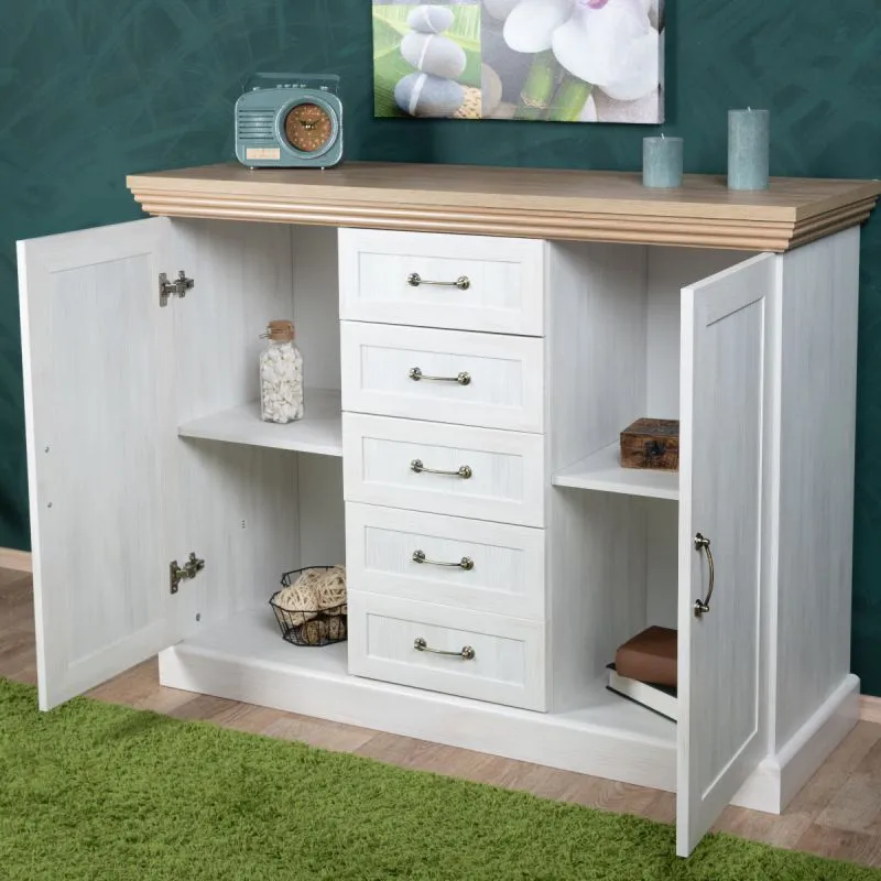 Kommode Badile 01, Farbe: Kiefer Weiß / Braun - 98 x 127 x 46 cm (H x B x T)