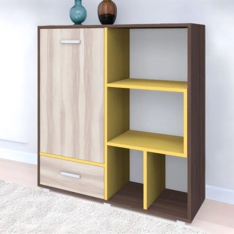 Kommode Kerema 13, Farbe: Nuss / Ulme / Gelb - Abmessungen: 120 x 110 x 41 cm (H x B x T)