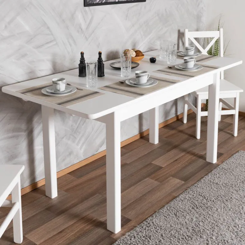 Eckiger ausziehbarer Esstisch Kiefer Junco 236A, Massivholz, in Weiß, 80 x 140 / 170 cm, Holztisch, modernes Design, stabil und robust