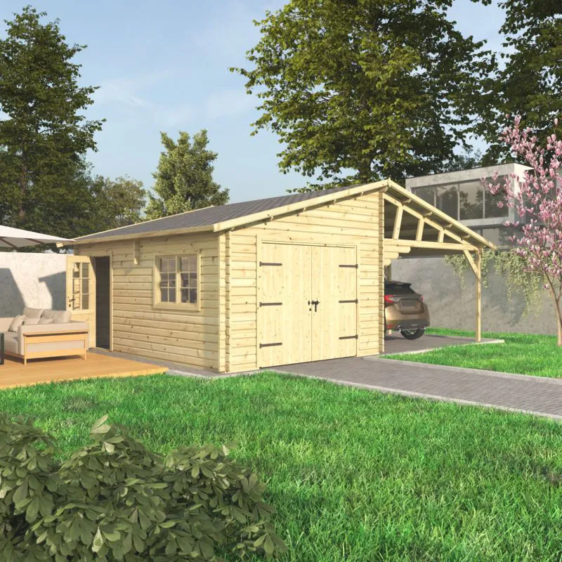 Einzelgarage mit Carport GR 78 | Fichten- und Kiefernholz | Grundfläche 42,31 m² | Holzgarage mit Anbaudach | Doppelflügeltor, Doppelfenster und Einzeltür