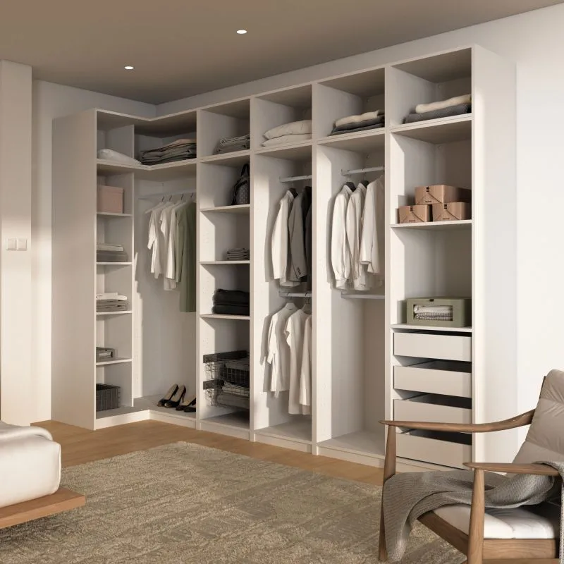 Schrankset für Ankleidezimmer - Set D Aarwangen | Farbe: Platinweiß | Maße: 263 x 55 x 234 cm | offener Kleiderschrank | genügend Fächer | 4 Schubladen