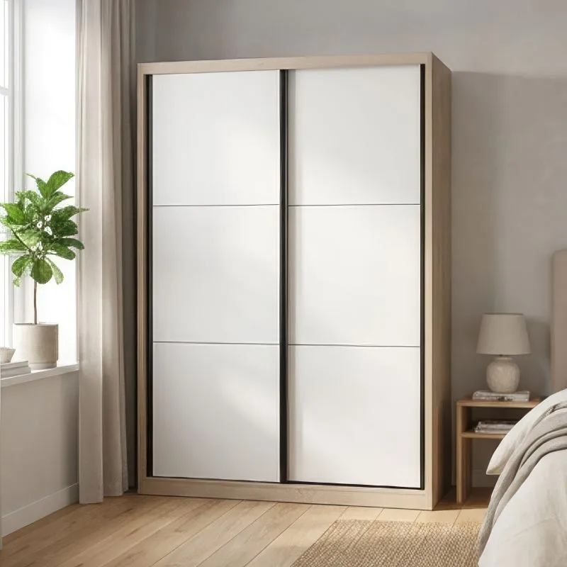 Kleiderschrank / Schiebeürenschrank | 1 Kleiderstange | 200 x 49 x 215 cm | Eiche Premium / Weiß | 6 Fächer | 5 Einlegeböden | 2 Türen