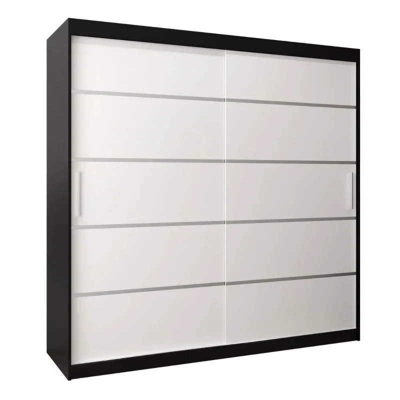 200 cm breiter Kleiderschrank mit 10 Fächern und 2 Türen | Farbe: Weiß / Schwarz Abbildung