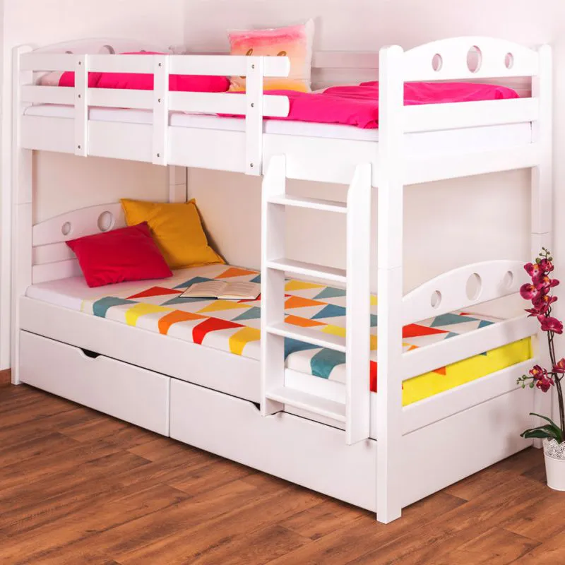 Funktions-Etagenbett 90 x 200 cm mit 2 Schubladen als Stauraum | Massivholz: Buche | Weiß Lackiert | umbaubar in zwei Einzelbetten | Premium-Qualität | inkl. Rollroste Abbildung