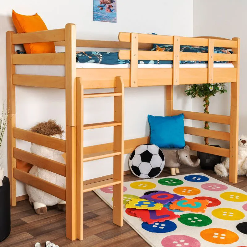Hochbett 90 x 190 cm | Massivholz: Buche | Natur Lackiert | umbaubar in Einzelbett | Premium-Qualität | inkl. Rollrost Abbildung