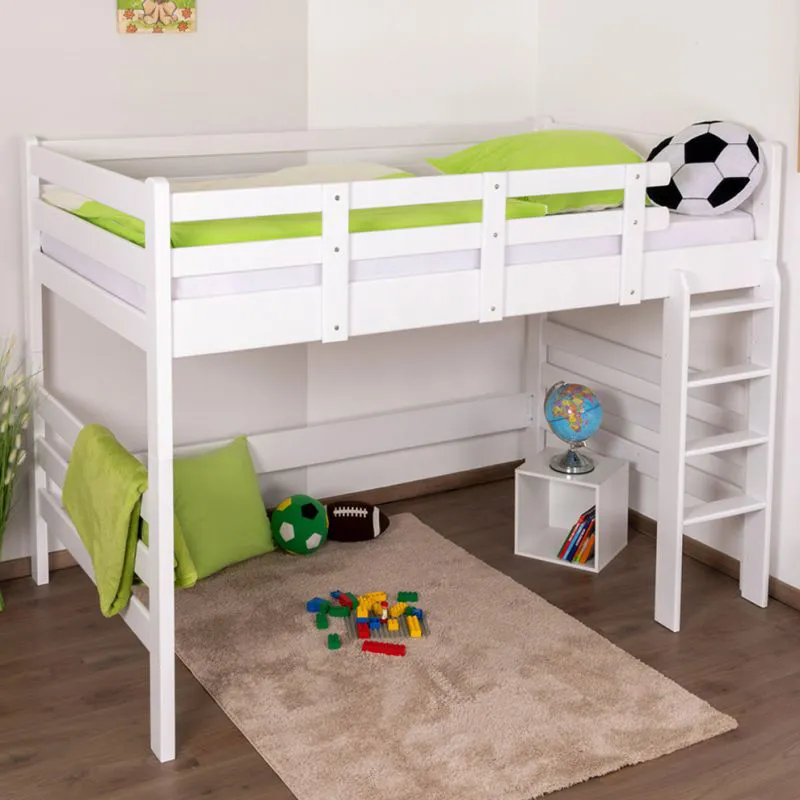 Hochbett 120 x 200 cm | Massivholz: Buche | Weiß Lackiert | umbaubar in Einzelbett | Premium-Qualität | inkl. Rollrost Abbildung