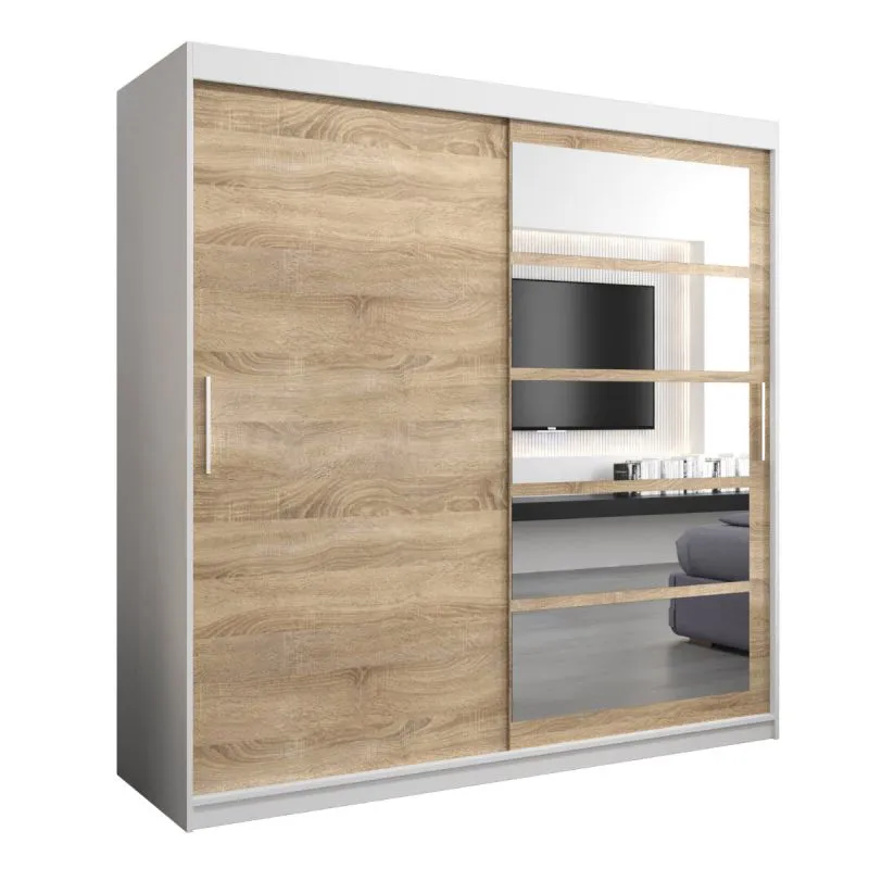 200 cm breiter Kleiderschrank mit 10 Fächern und 2 Türen | Farbe: Sonoma Eiche / Weiß Abbildung